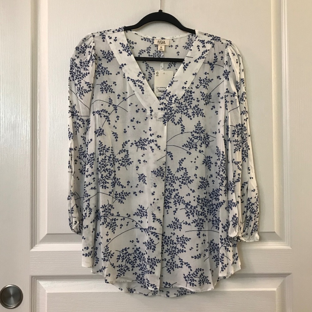 NWT A.N.A. V-Neck White and Blue Floral Blouse